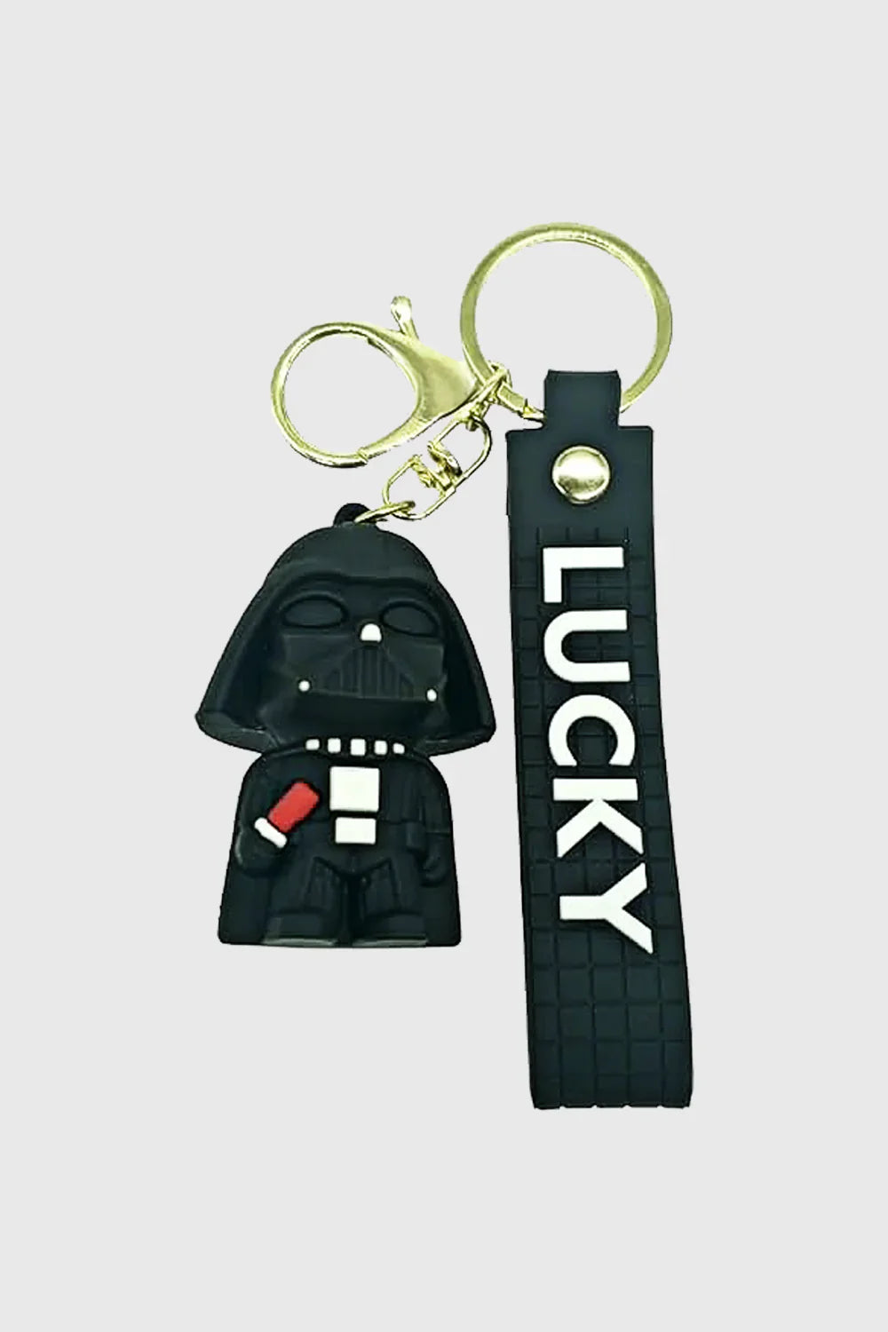 Embrace the power of the Dark Side with this Dark Lord 3D PVC Keychain, designed for sci-fi and movie fans. Made from high-quality, durable PVC, this detailed keychain features a mini chibi-style Dark Lord figure, along with a black "LUCKY" wrist strap fo
