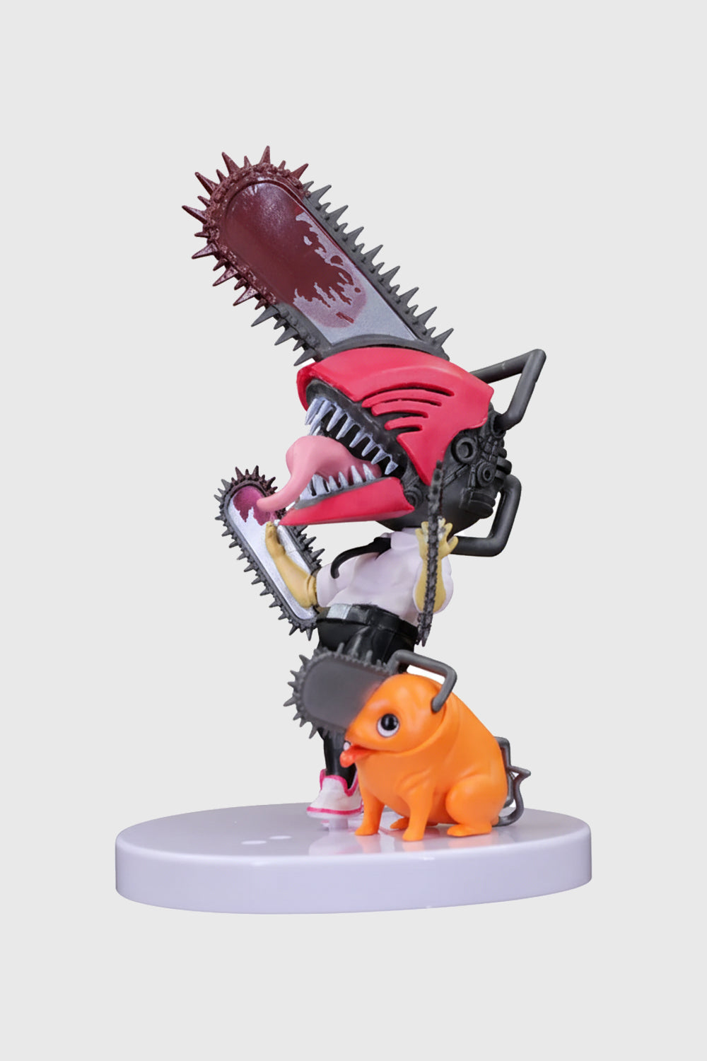 Dynamic pose of chainsaw hybrid figure in combat stance