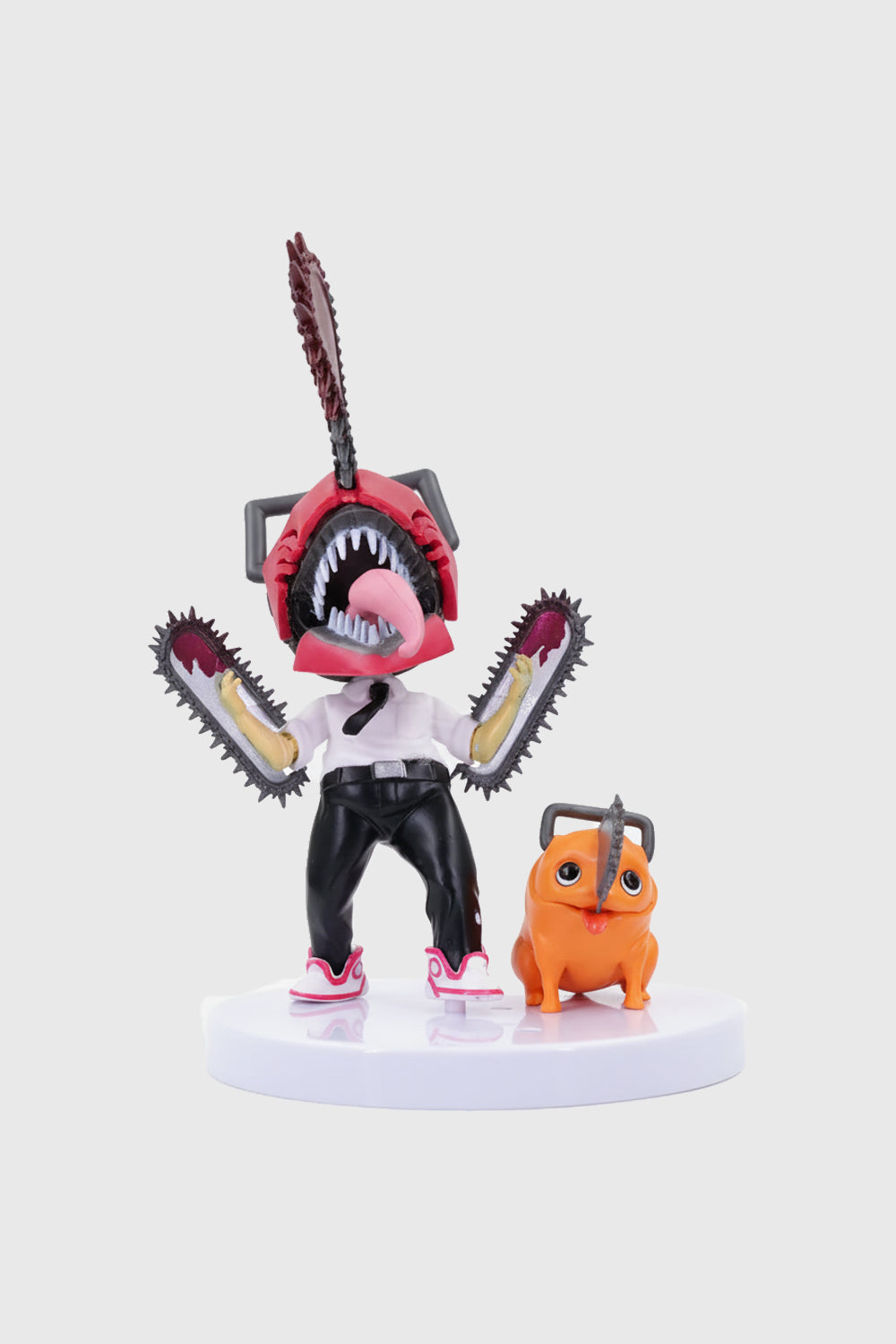 Front view of chainsaw hybrid figure with dual chainsaw arms and helmet
