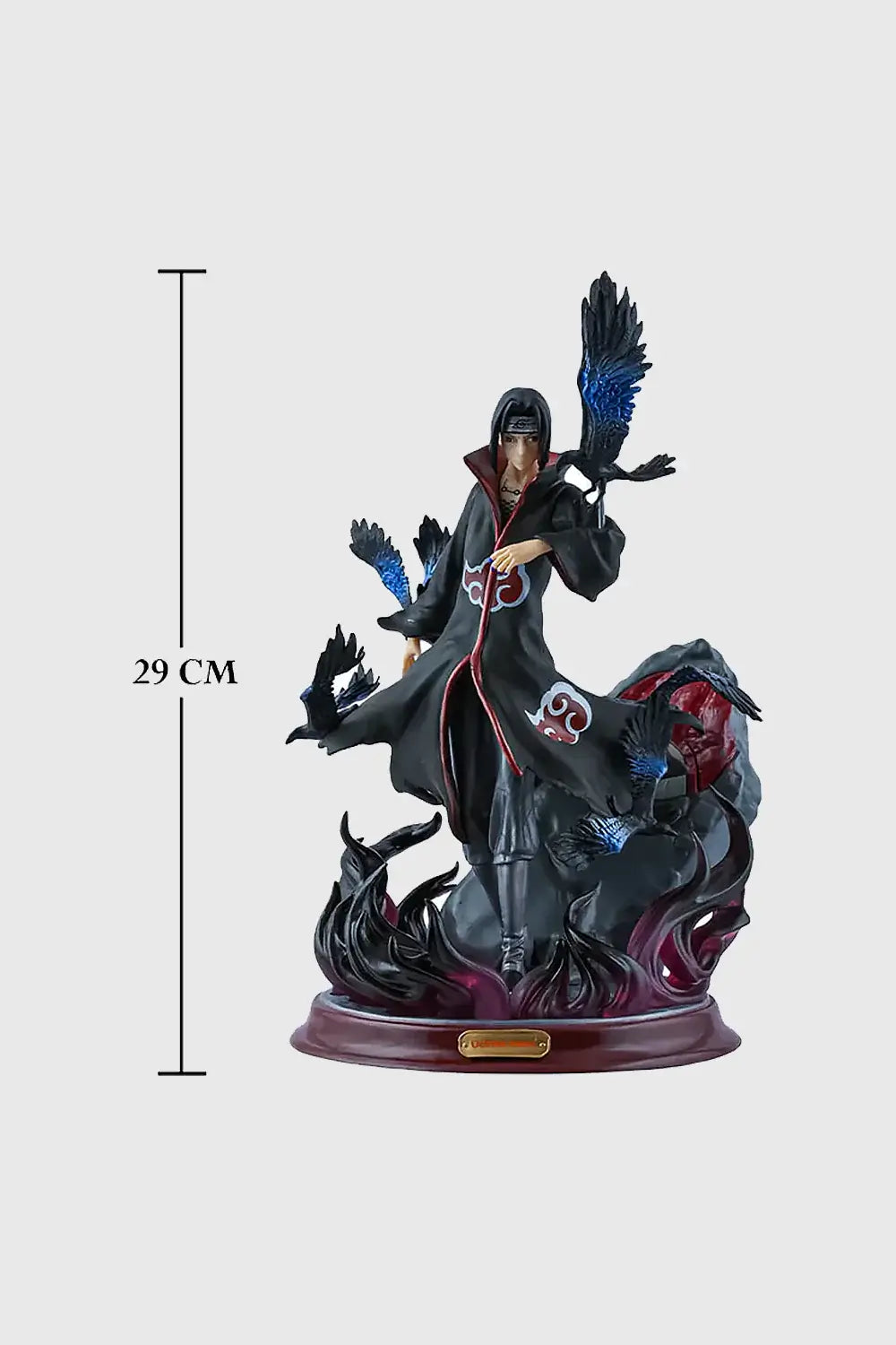 Itachi Uchiha Crow Illusion statue, 29 cm tall, featuring detailed Akatsuki robe and dynamic crow effect.