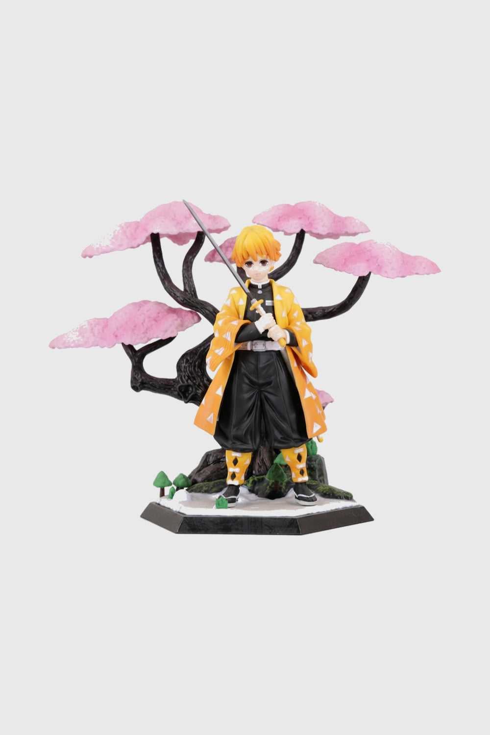 Zenitsu Agatsuma action figure from Demon Slayer with Cherry Blossom Sakura Tree background.