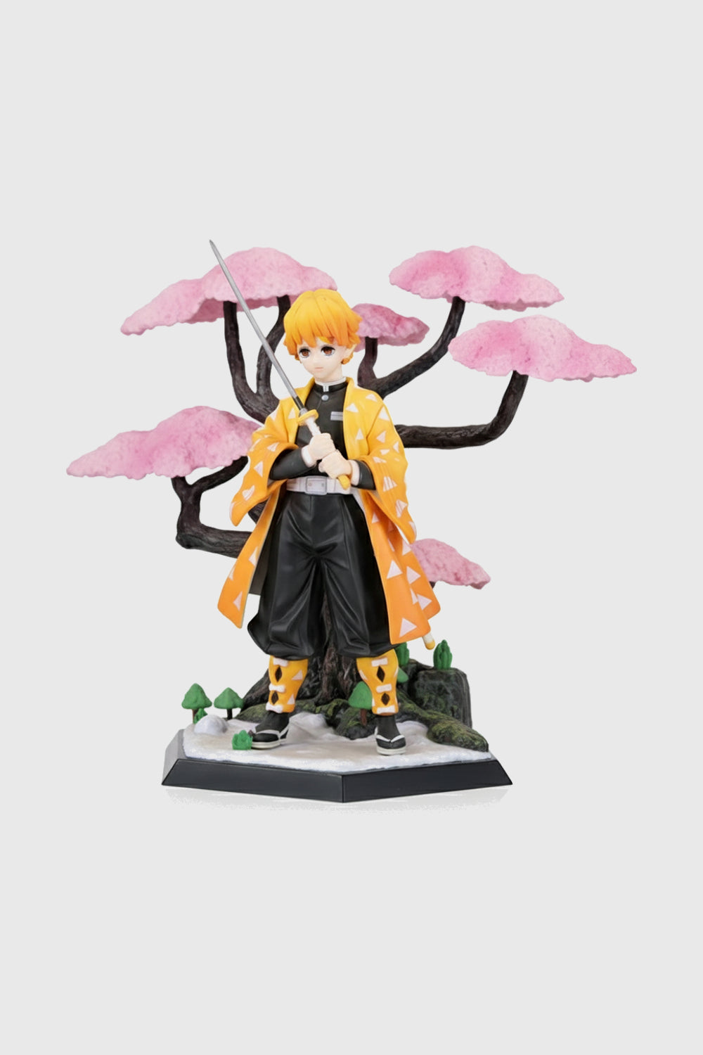 Detailed Zenitsu Agatsuma PVC statue featuring Sakura Tree base from Kimetsu no Yaiba.