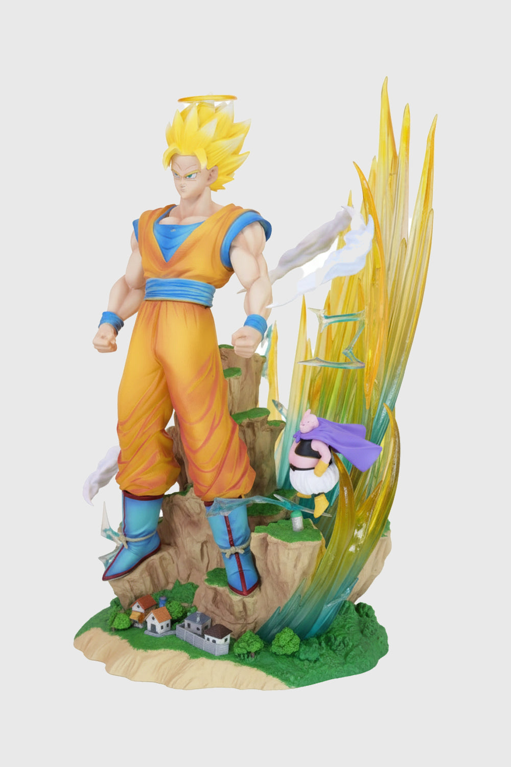 Action figure of a character in an orange and blue outfit with a colorful background