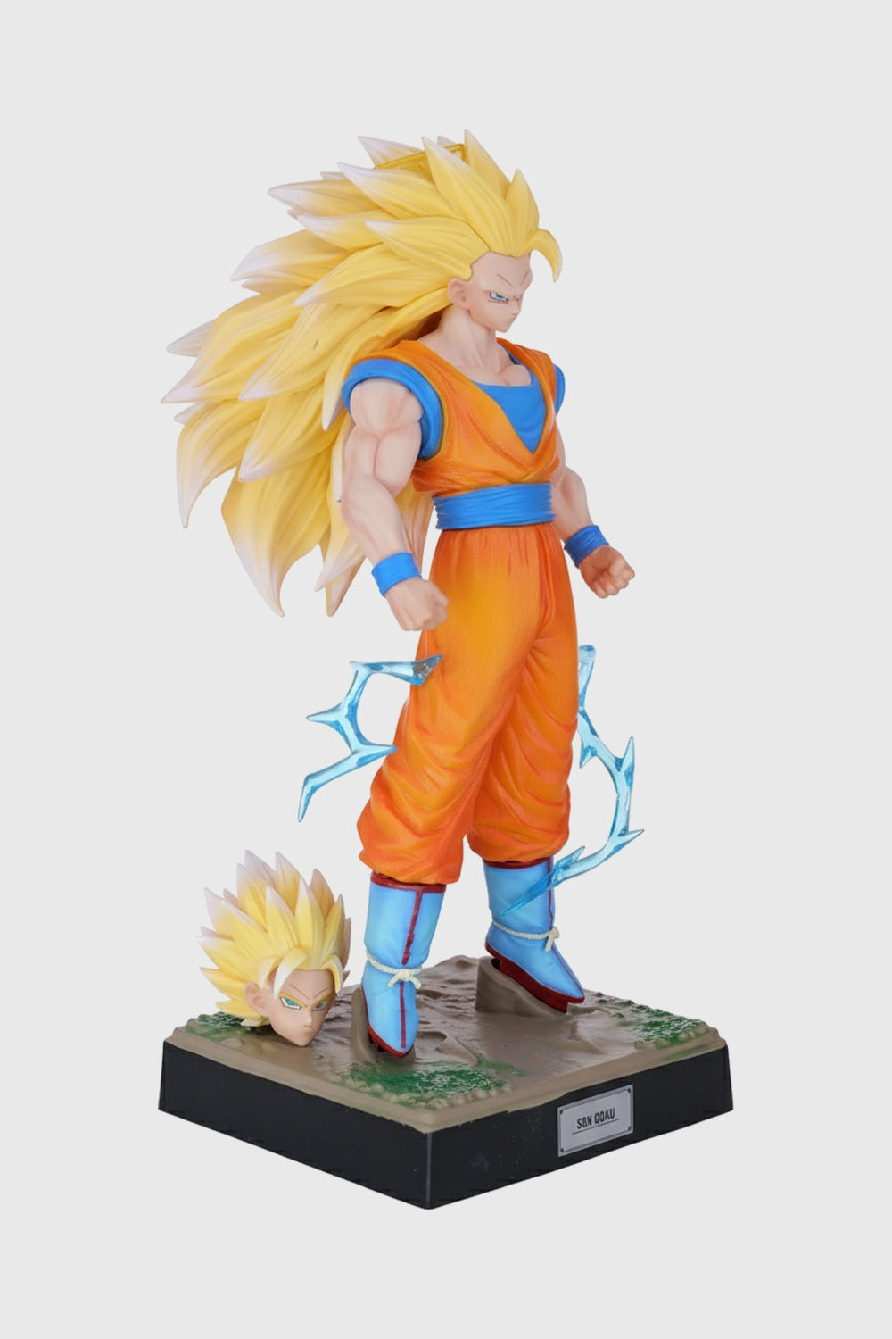 Super Saiyan Goku figurine with orange outfit and blue accents on a white background