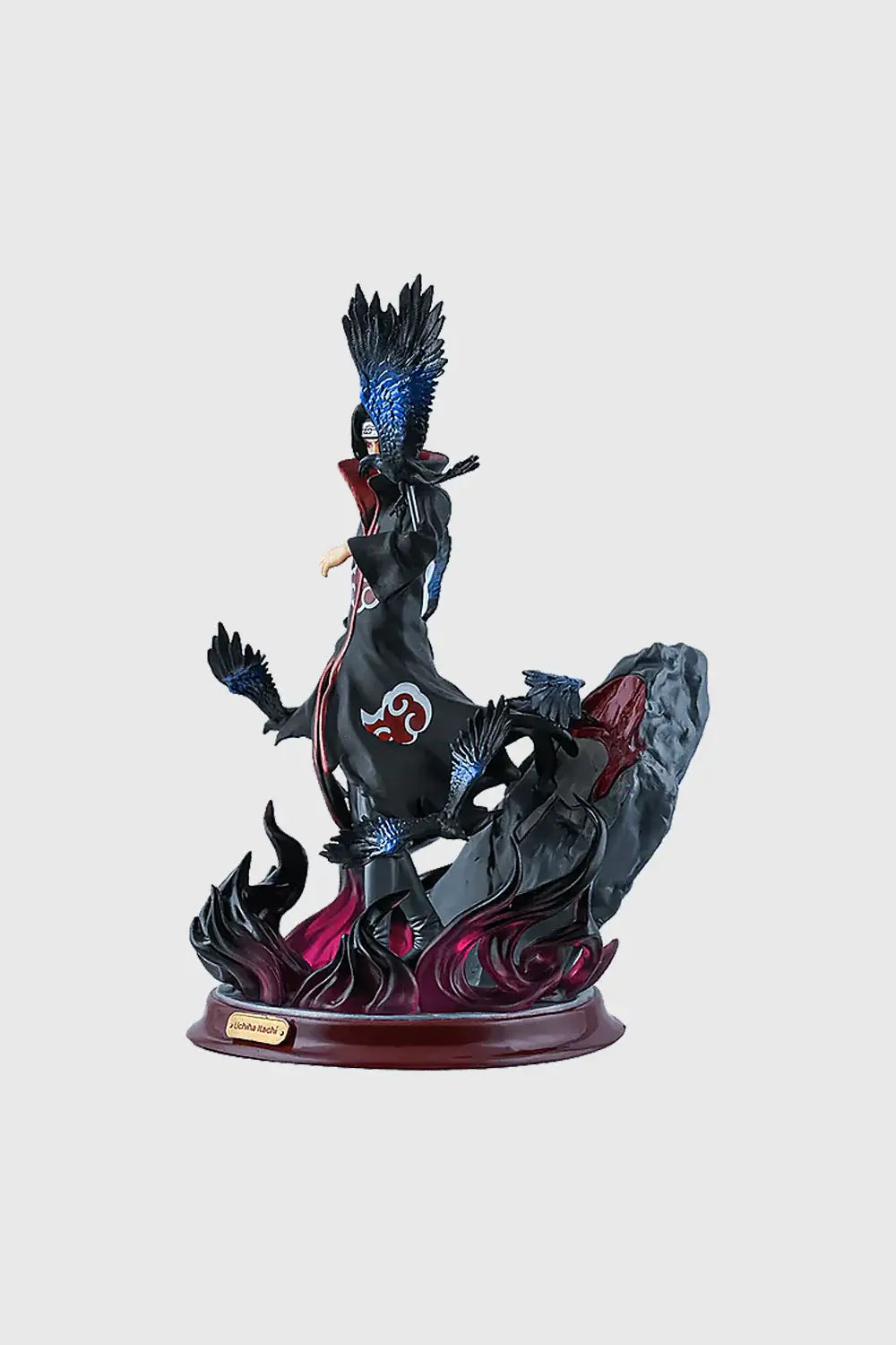 Itachi Uchiha crow illusion collectible statue, 29 cm, featuring dynamic crows and dark flames.