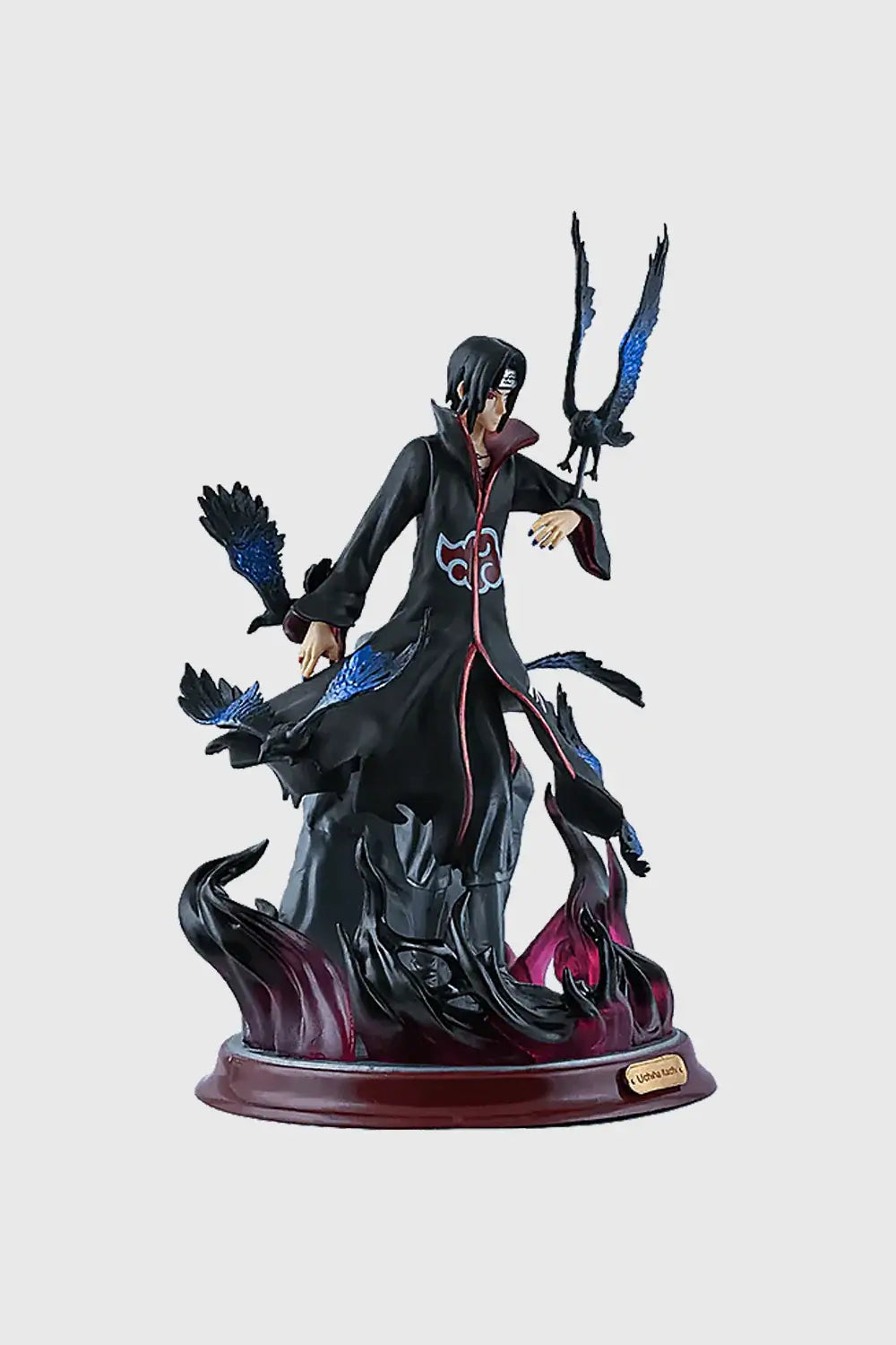 Itachi Uchiha Crow Illusion anime collectible statue, 29 cm, featuring dynamic crows and flame base details.
