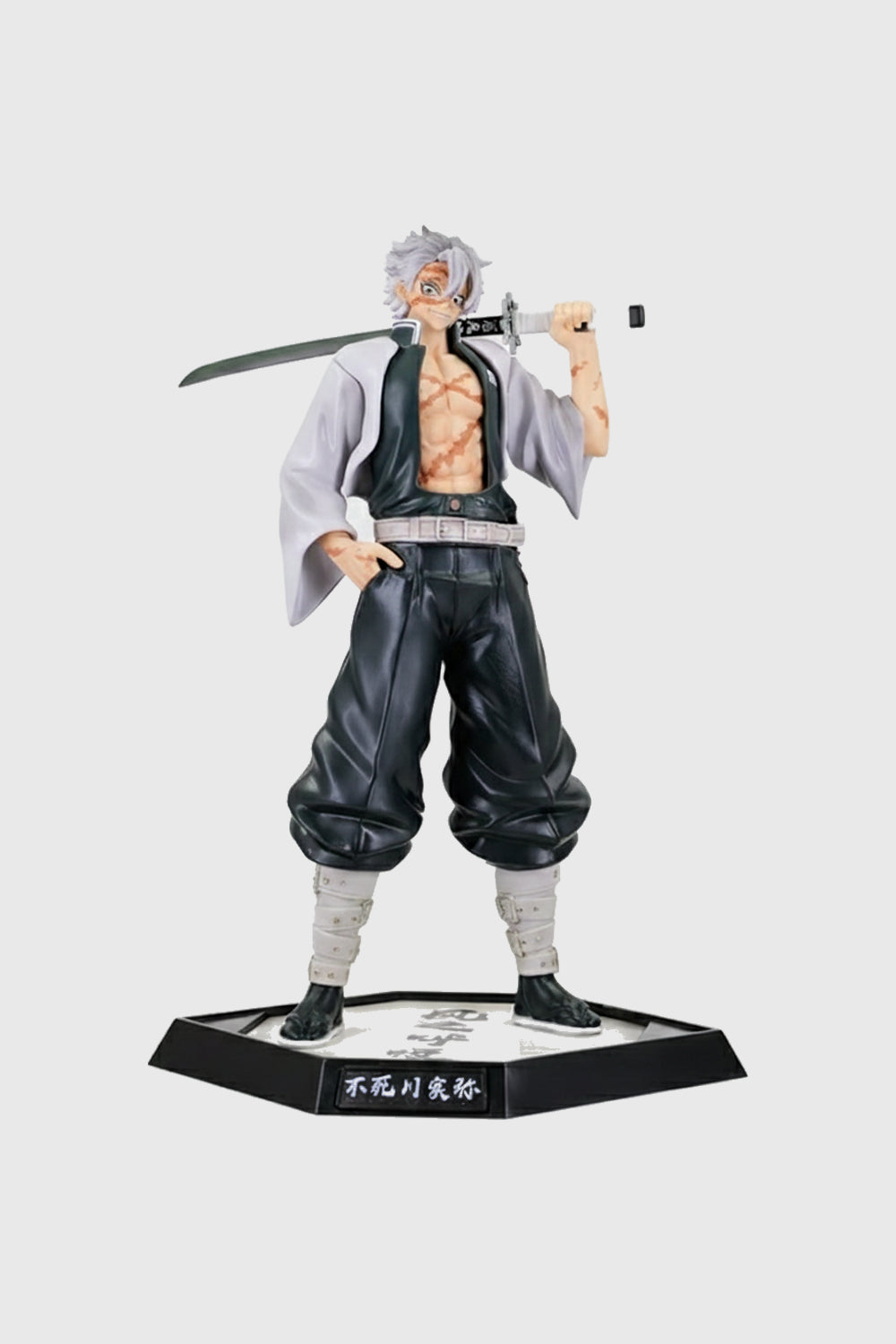Front view of 30 cm white-haired swordsman statue holding katana